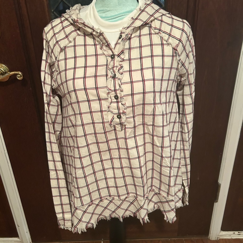 Hem & Thread Cream and Red Plaid women’s Top with hoodie size Sm/medium